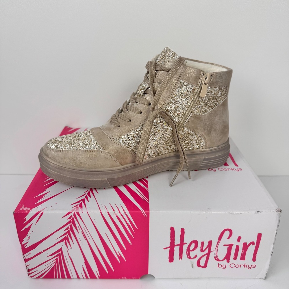 NIB HeyGirl Notorious Sneaker Women 9 Gold Metallic Glitter High Top Sparkle Zip